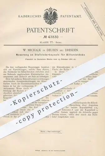 original Patent - W. Michalk , Deuben / Dresden 1887 , Stoßlederkapsel für Billardstock | Queue , Billard , Pool , Sport