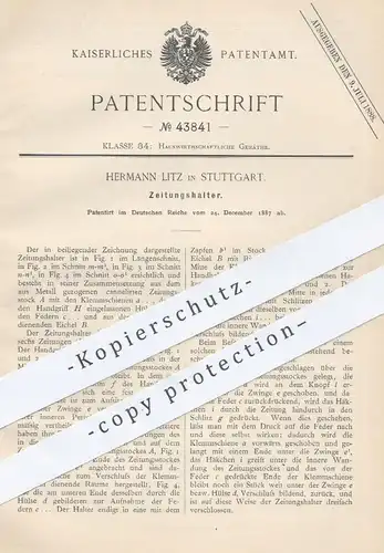 original Patent - Hermann Litz , Stuttgart , 1887 , Zeitungshalter | Halter für Zeitungen | Zeitschrift , Zeitungsstock