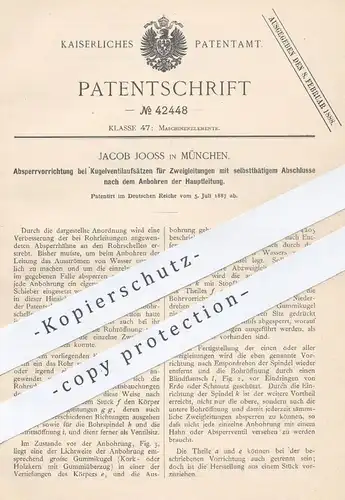 original Patent - Jacob Jooss , München , 1887 , Absperrhahn an Rohrleitungen | Rohrschelle , Rohre , Wasserleitung !!