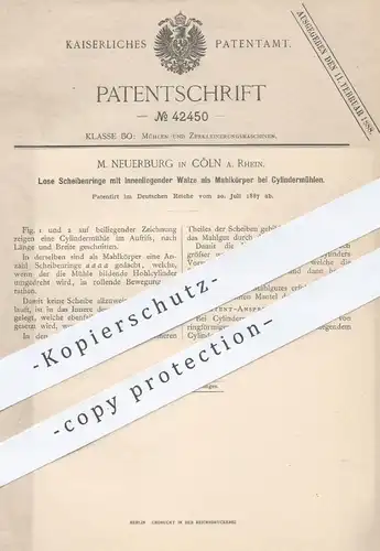 original Patent - M. Neuerburg , Köln / Rhein , 1887 , Scheibenringe mit Walze als Mahlkörper bei Zylinder - Mühlen !!