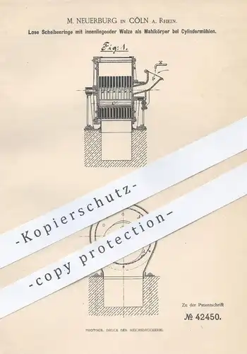 original Patent - M. Neuerburg , Köln / Rhein , 1887 , Scheibenringe mit Walze als Mahlkörper bei Zylinder - Mühlen !!