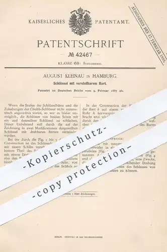 original Patent - August Kleinau , Hamburg , 1887 , Schlüssel mit verstellbarem Bart | Schloss , Schlosser , Chubb !!