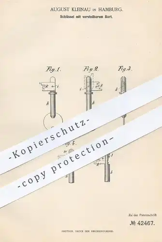original Patent - August Kleinau , Hamburg , 1887 , Schlüssel mit verstellbarem Bart | Schloss , Schlosser , Chubb !!