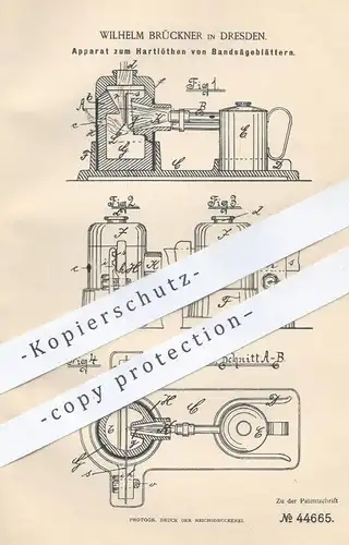 original Patent - Wilhelm Brückner , Dresden , 1888 , Hartlöten der Sägeblätter | Bandsäge , Säge , Metall , Löten !!