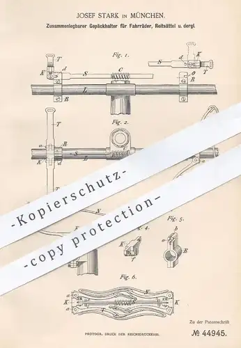 original Patent - Josef Stark , München , 1888 , Gepäckhalter für Fahrrad , Reitsattel | Fahrräder , Sattel , Reiten