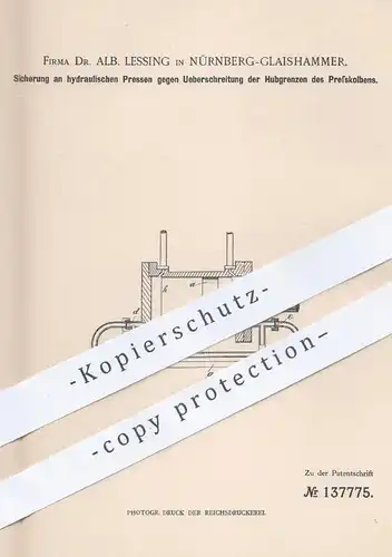 oroginal Patent - Dr. Alb. Lessing , Nürnberg / Glaishammer , 1902 , hydraulische Presse | Pressen , Hydraulik , Kolben