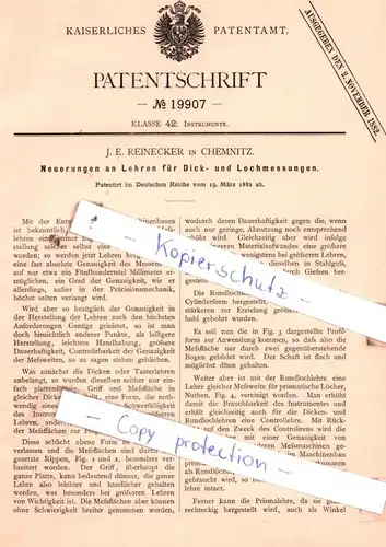 original Patent -  J. E. Reinecker in Chemnitz , 1882 , Neuerungen an Lehren für Dick- und Lochmessungen !!!