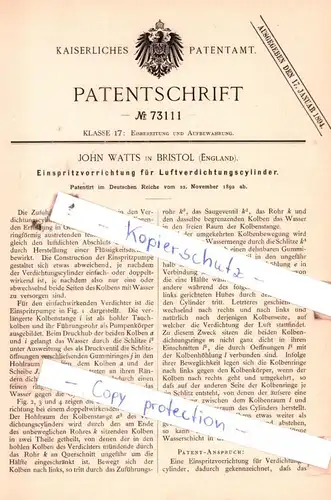 original Patent - John Watts in Bristol , England , 1892 , Einspritzvorrichtung für Luftverdichtungscylinder !!!