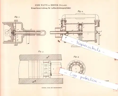 original Patent - John Watts in Bristol , England , 1892 , Einspritzvorrichtung für Luftverdichtungscylinder !!!