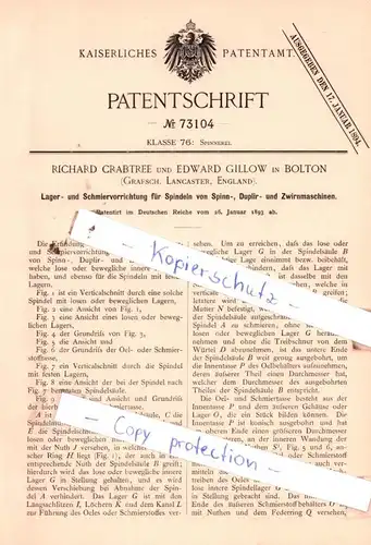 original Patent - Richard Crabtree und Edward Gillow in Bolton , England , 1893 , Spinnerei !!!