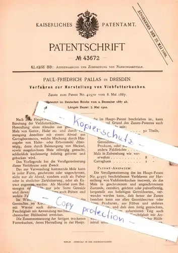 original Patent - Paul Friedrich Pallas in Dresden , 1887 , Verfahren zur Herstellung von Viehfutterkuchen !!!