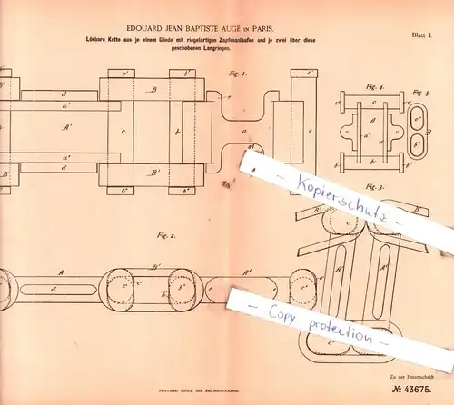 original Patent -  Edouard Jean Baptiste Augè in Paris , 1887 , Maschinenelemente !!!