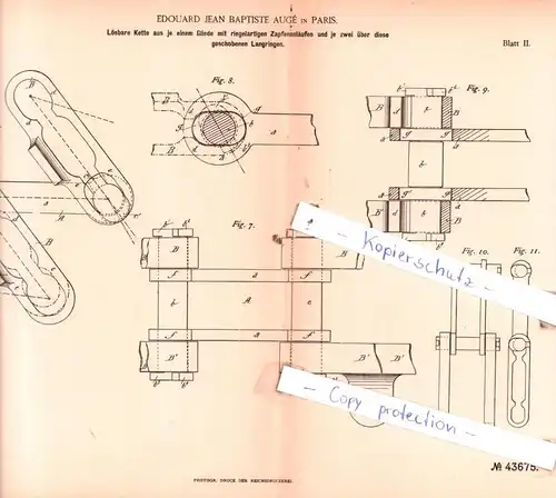 original Patent -  Edouard Jean Baptiste Augè in Paris , 1887 , Maschinenelemente !!!