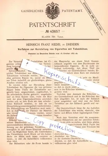 original Patent -  Heinrich Franz Riedel in Dresden , 1887 , Tabak !!!