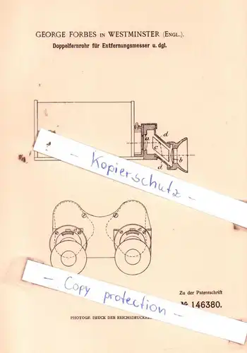 original Patent -  George Forbes in Westminster , Engl. , 1902 , Doppelfernrohr für Entfernungsmesser u. dgl. !!!