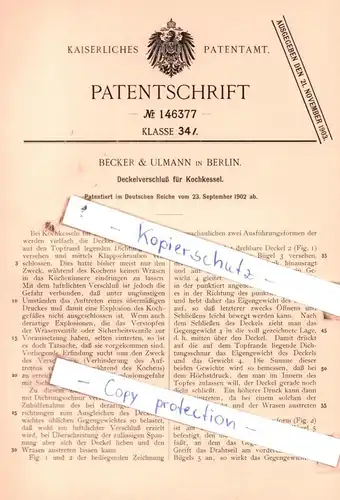 original Patent -  Becker & Ulmann in Berlin , 1902 , Deckelverschluß für Kochkessel !!!