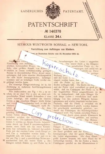 original Patent - Seymour Wentworth Bonsall in New-York , 1902 , Vorrichtung zum Aufhängen von Kleidern !!!