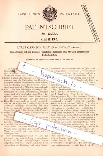 original Patent - Louis Carnegy Auldjo in Sydney , Austr. , 1902 , Dampfkessel mit Heizstellen !!!