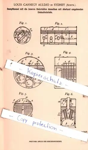 original Patent - Louis Carnegy Auldjo in Sydney , Austr. , 1902 , Dampfkessel mit Heizstellen !!!