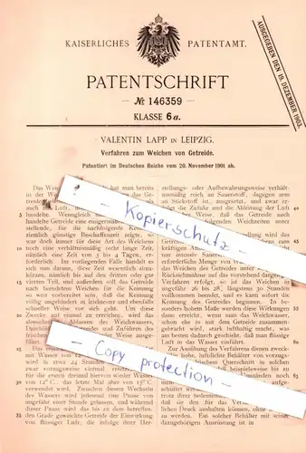 original Patent - Valentin Lapp in Leipzig , 1901 , Verfahren zum Weichen von Getreide !!!