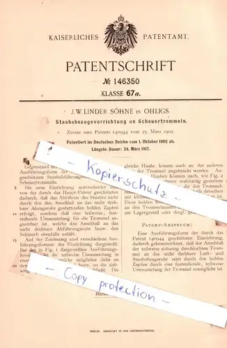 original Patent - J. W. Linder Söhne in Ohligs , 1902 , Staubabsaugevorrichtung an Scheuertrommeln !!!