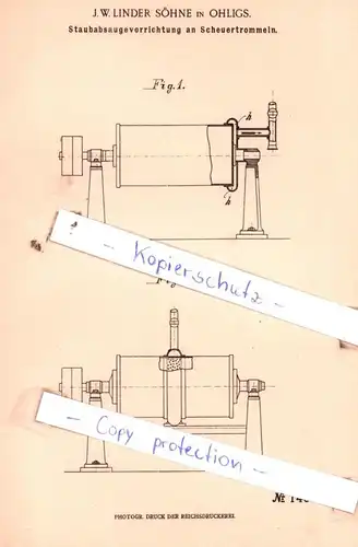 original Patent - J. W. Linder Söhne in Ohligs , 1902 , Staubabsaugevorrichtung an Scheuertrommeln !!!