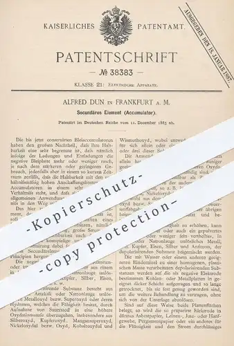 original Patent - Alfred Dun , Frankfurt / Main , 1885 , Akkumulator - Sekundäres Element | Akku , Batterie , Bleiakku !