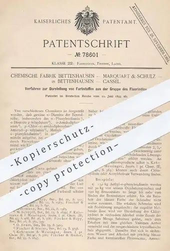 original Patent - Chemische Fabrik - Marquart & Schulz Bettenhausen / Kassel , 1893 , Darstellung von Farbstoffen !!!