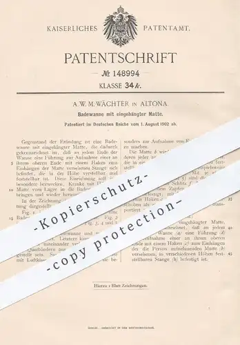 original Patent - A. W. M. Wächter , Hamburg / Altona , Badewanne mit eingehängter Matte | Wanne , Baden , Hängematte