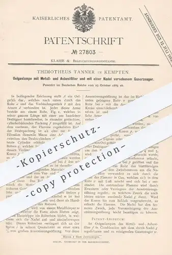 original Patent - Thimotheus Tanner , Kempten , 1883 , Ölgaslampe mit Metall- u. Asbestfilter | Öllampe , Gaslampe , Gas