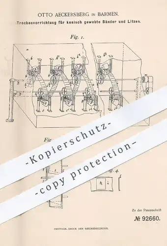 original Patent - Otto Aeckersberg , Barmen , 1896 , Trockenvorrichtung für konisch gewebte Bänder u. Litzen | Appretur