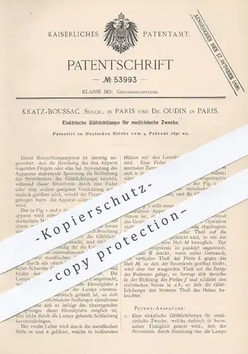 original Patent - Kratz Boussac , Succr. u. Dr. Oudin , Paris , 1890 , Elektr. Glühlichtlampe für Medizin | Lampe , Arzt