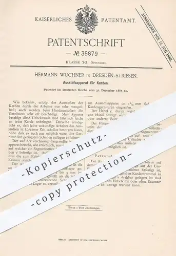 original Patent - Hermann Wuchner , Dresden / Striesen , 1885 , Ausstossapparat für Karden | Spinnmaschine , Spinnrad !