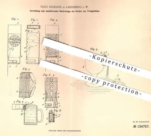 original Patent - Fritz Reimann , Landsberg , 1901 , desinfizierende Reinigung der Tassen , Gläser , Trinkgefäße !!