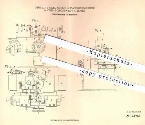 original Patent - Dt. Niles Werkzeugmaschinen Fabrik , Berlin / Ober Schöneweide , 1901 , Schleifmaschine für Geschosse