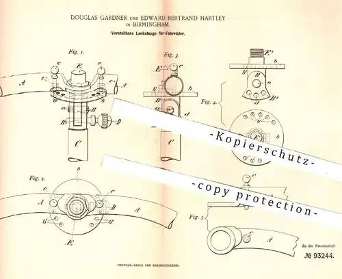 original Patent - Douglas Gardner u. Edward Bertrand Hartley , Birmingham , 1896 , Lenkstange für Fahrrad | Lenkung !