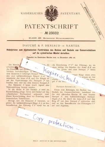 original Patent - Dauchè & P. Deniaud in Nantes , 1882 , Mechanische Metallbearbeitung !!!