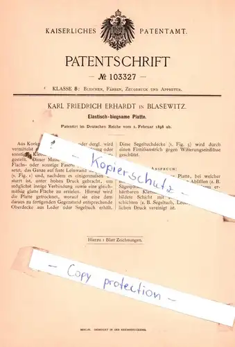 original Patent - Karl Friedrich Erhardt in Blasewitz , 1898 , Elastisch-biegsame Platte !!!