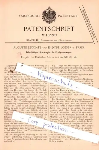 original Patent -  Auguste Lecomte und Isidore Loeser in Paris , 1898 ,  Druckregler für Preßgaserzeuger !!!