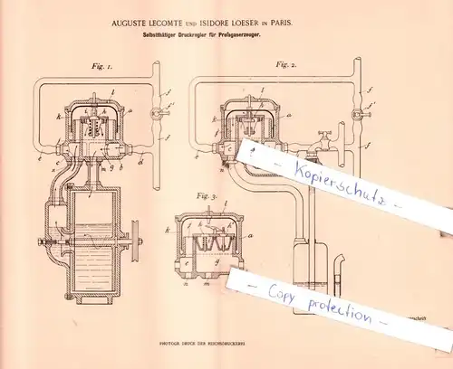 original Patent -  Auguste Lecomte und Isidore Loeser in Paris , 1898 ,  Druckregler für Preßgaserzeuger !!!