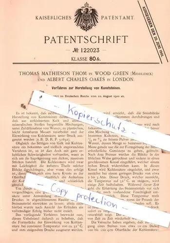 original Patent -  T. M. Thom in Wood Green und A. C. Oakes in London , 1900 ,  Herstellung von Kunststeinen !!!