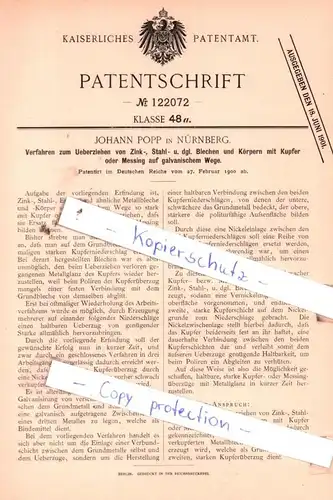 original Patent - Johann Popp in Nürnberg , 1900 , Verfahren zum Ueberziehen von Zink-, Stahl- u. dgl. !!!