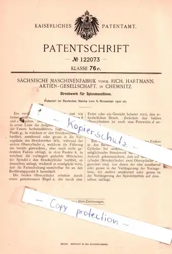 original Patent - Sächsische Maschinenfabrik in Chemnitz , 1900 , Streckwerk für Spinnmaschinen !!!