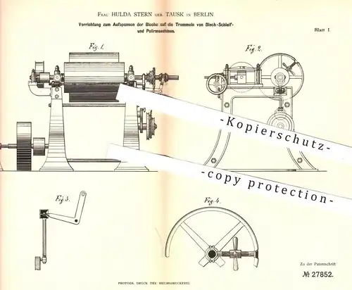 original Patent - Hulda Stern geb. Tausk , Berlin , 1883 , Aufspannen der Bleche an Maschinen zum Schleifen , Polieren !