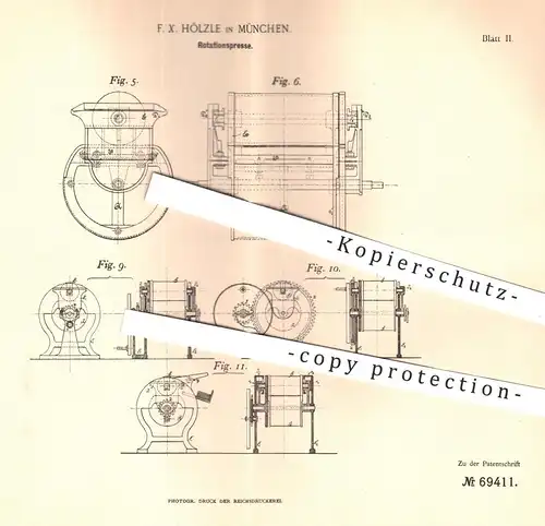 original Patent - F. X. Hölzle , München , 1892 , Rotationspresse | Presse , Rotation | Druckpresse , Buch - Druck