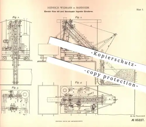 original Patent - Heinrich Widmann , Mannheim , 1894 , Elevator - Kran mit zwei übereinander liegenden Elevatoren