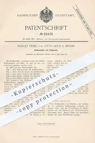 original Patent - Rudolf Fiebig u. Otto Alius , Berlin , 1891 , Kaffeemühle mit Zählwerk | Kaffee - Mühle | Mühlen !!