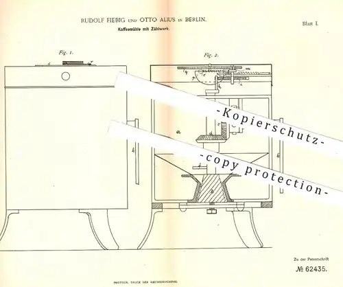 original Patent - Rudolf Fiebig u. Otto Alius , Berlin , 1891 , Kaffeemühle mit Zählwerk | Kaffee - Mühle | Mühlen !!