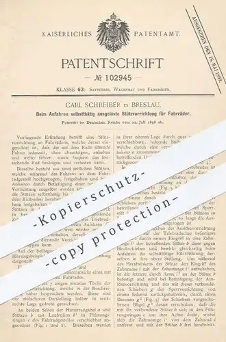 original Patent - Carl Schreiber , Breslau 1898 , selbsttätig ausgelöste Stütze für Fahrräder | Fahrrad - Stützrad | Rad