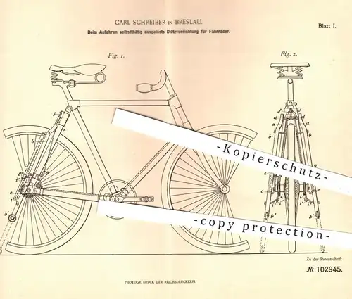 original Patent - Carl Schreiber , Breslau 1898 , selbsttätig ausgelöste Stütze für Fahrräder | Fahrrad - Stützrad | Rad